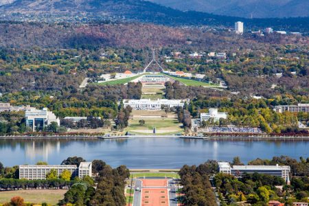 aerial view of Canberra focused on Parliament