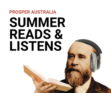 Prosper Australia reads and listens. Old photo of Henry George with headphones and book collaged on top.