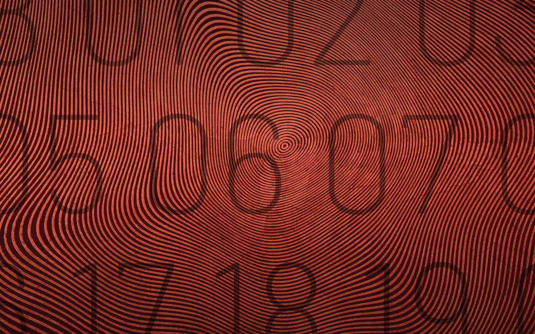 Dark red and brown background with tight contour line pattern that also looks like a finger print. Large numbers are imposed on top counting from 1-19