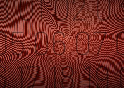 Dark red and brown background with tight contour line pattern that also looks like a finger print. Large numbers are imposed on top counting from 1-19