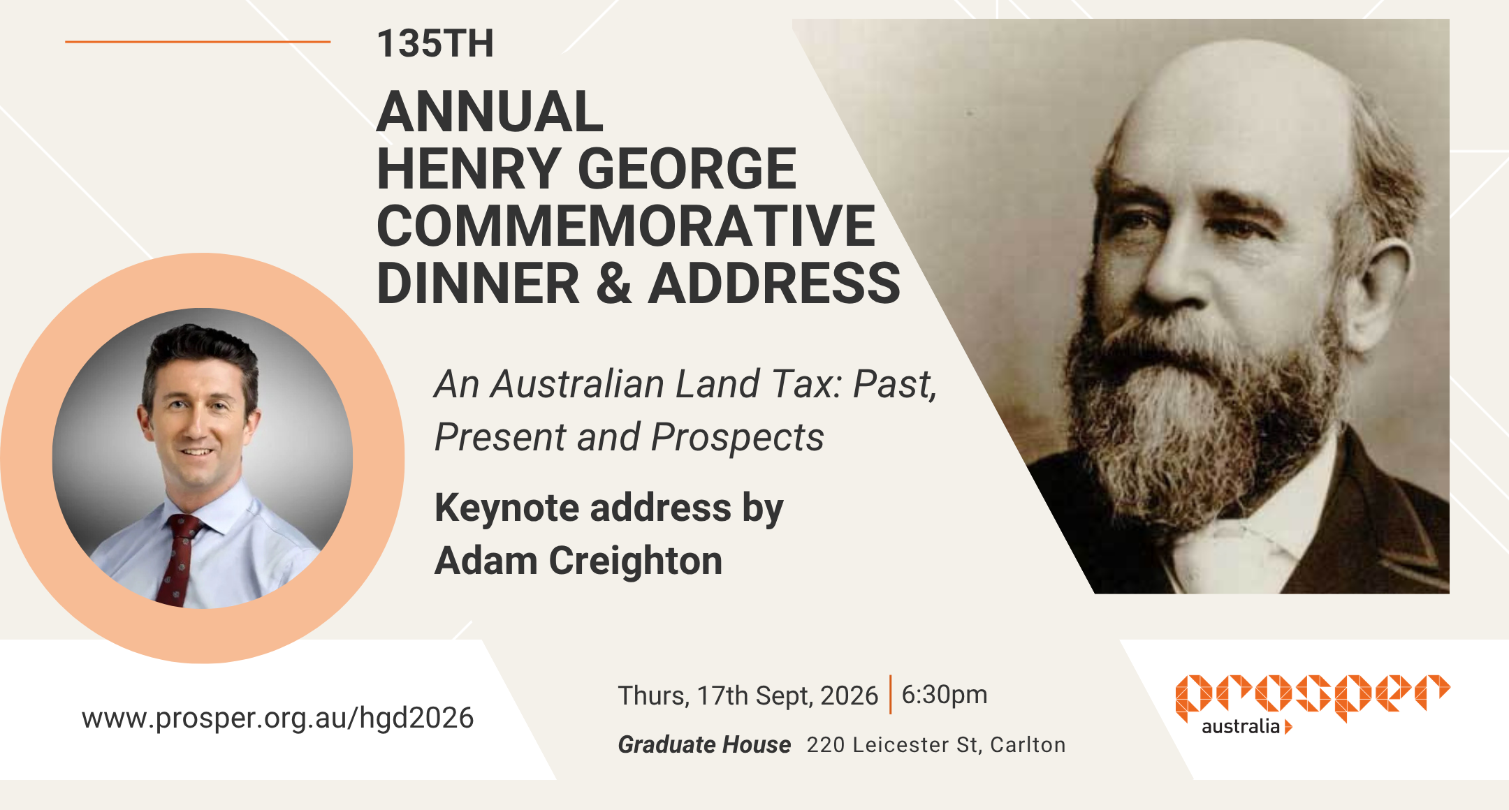 2026 Henry George Dinner Banner Flyer for the 133rd Annual Henry George Commemorative Dinner & Address. Keynote address by Sock-Yong Phang, Singapore Management University