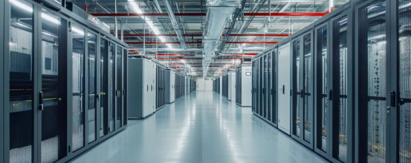 interior view of a data centre. There are rows of servers on either side of a wide corridor.